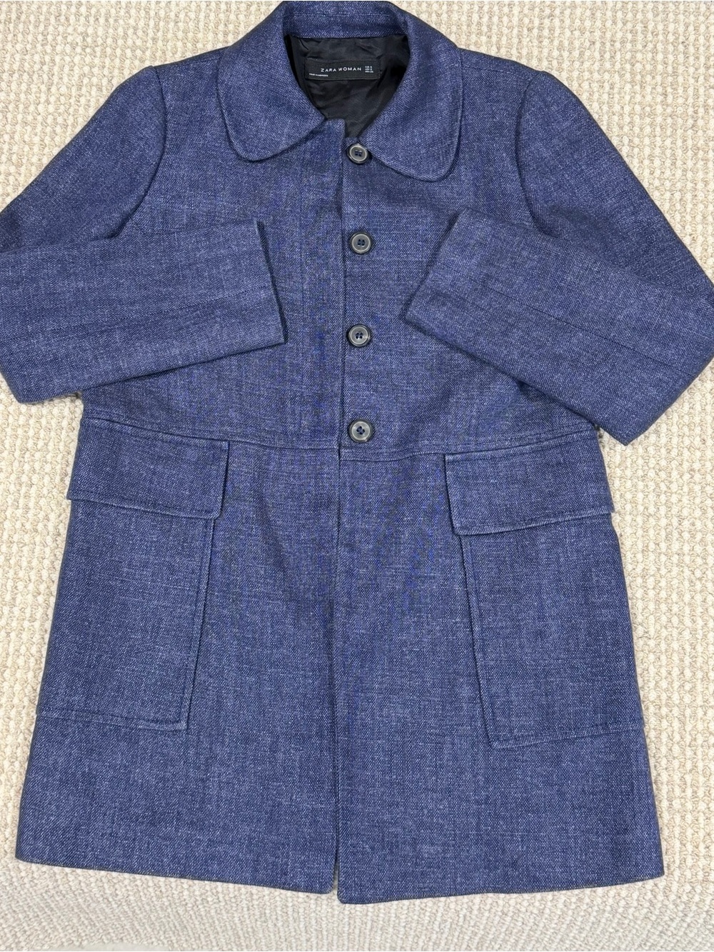 ZARA WOMAN Blue Button Front Mid-Length Denim Coat Pockets Women’s Small NEW